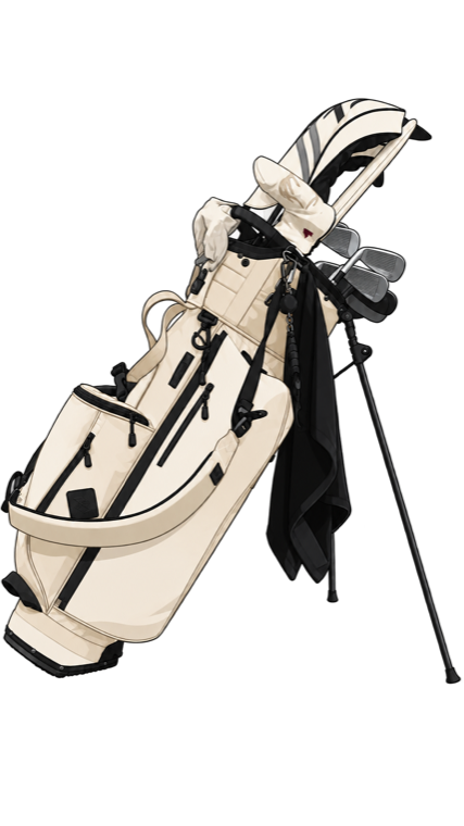 Illustration of a cream canvas golf stand bag with black trim, clubs and a towel.